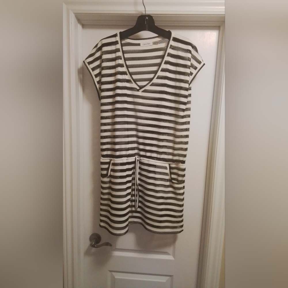 Calvin Klein Black and White Striped Mesh Swim Coverup